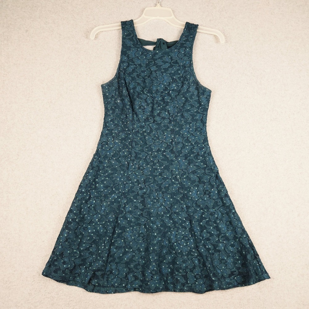 Speechless Fit & Flare Dress Womens S Teal Green Glitter Floral Lace Tie Back